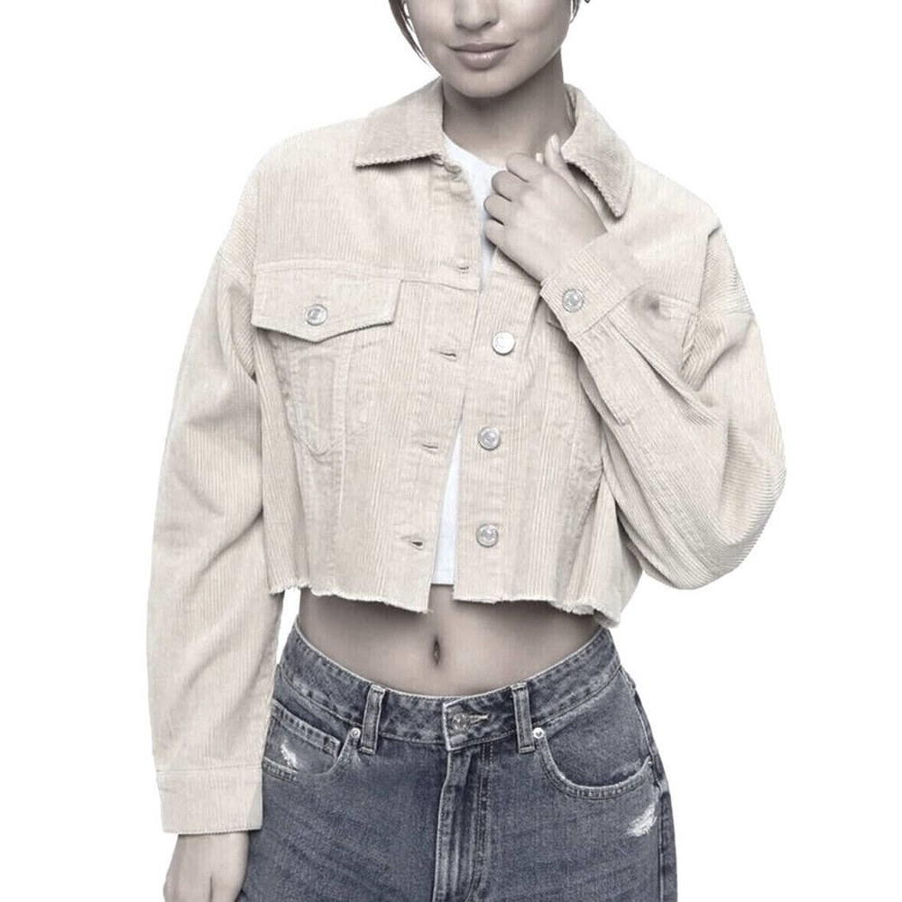 ZARA Women's Size XS Cropped Cream Colored Corduroy Multi-Pocketed Denim Jacket
